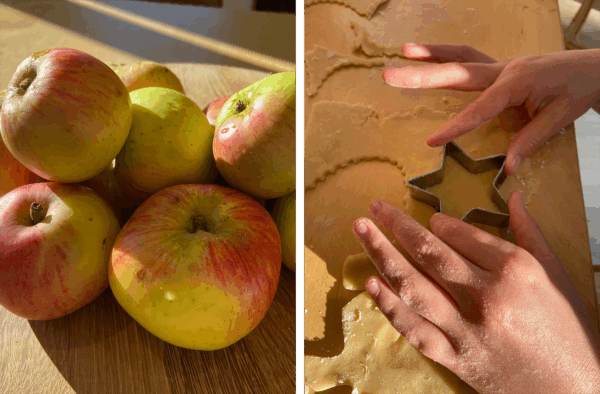 A pile of apples next to a child's hands cutting out a star shape from pastry