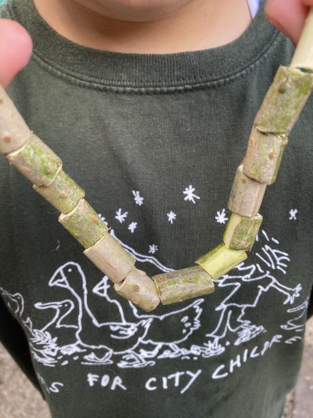 Young person in a Farms for City Children t-shirt proudly wearing their Elder bead necklace.