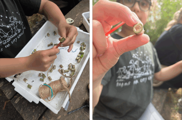 Demonstrating how to hollow out elder beads
