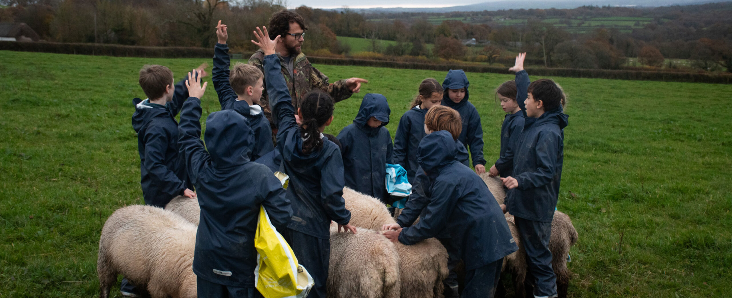 Group of children in farm field talking to farmer and feeding sheep.