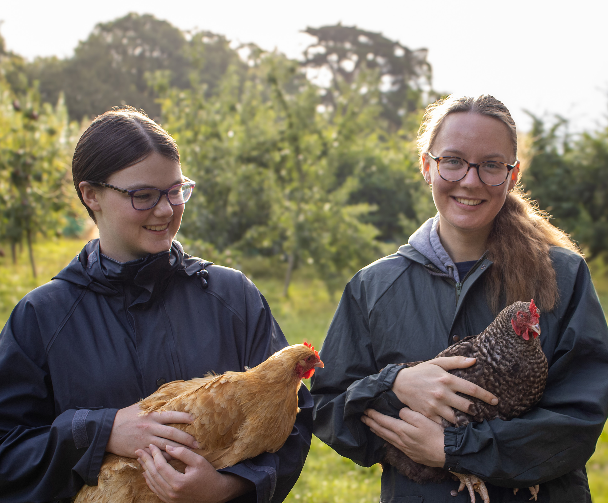 Two young people wearing Farms for City Children overalls holding chickens
