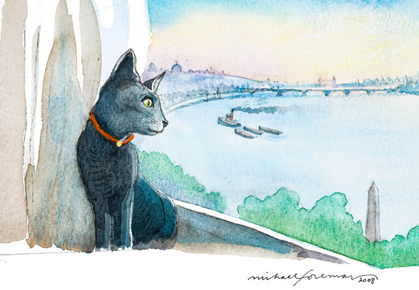 Michael Foreman illustration of a cat sitting in a window looking over a harbour