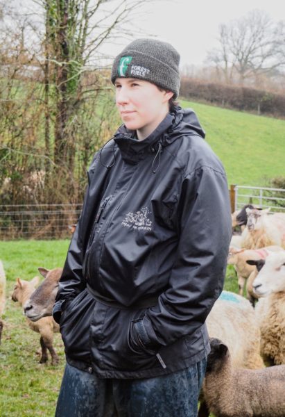 Rufus, in the rain on the farm in his waterproofs and wool hat Rufus is surrounded by sheep