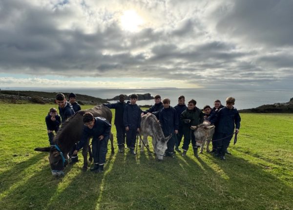a group of children in blue waterproofs face the camera, with a donkey. In the background is the sea and the sun coming through dark clouds
