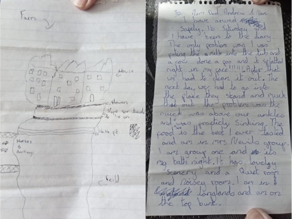 Sue's hand written letter, from a lined note book, she sent home when she was a child. Held side by side