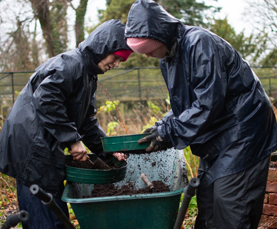 Two young people in overalls sifting compost