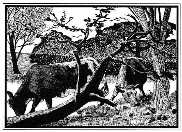 a black and white image of a wood carving of cattle grazing among trees